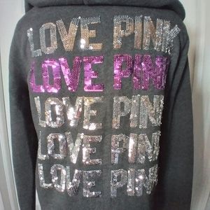 Sz. M V.S. Pink Sequin "Love Pink" Bling Zip up Hoodie kangaroo pocket Jacket.